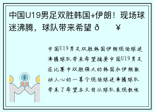 中国U19男足双胜韩国+伊朗！现场球迷沸腾，球队带来希望 🔥